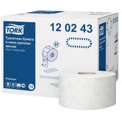 Tork Двухслойная туалетная бумага Tork. Выпускается в мини-рулонах. Подходит для туалетных комнат средней и высокой проходимости для диспенсеров системы Т2. Premium обеспечивает лучшее качество в выс